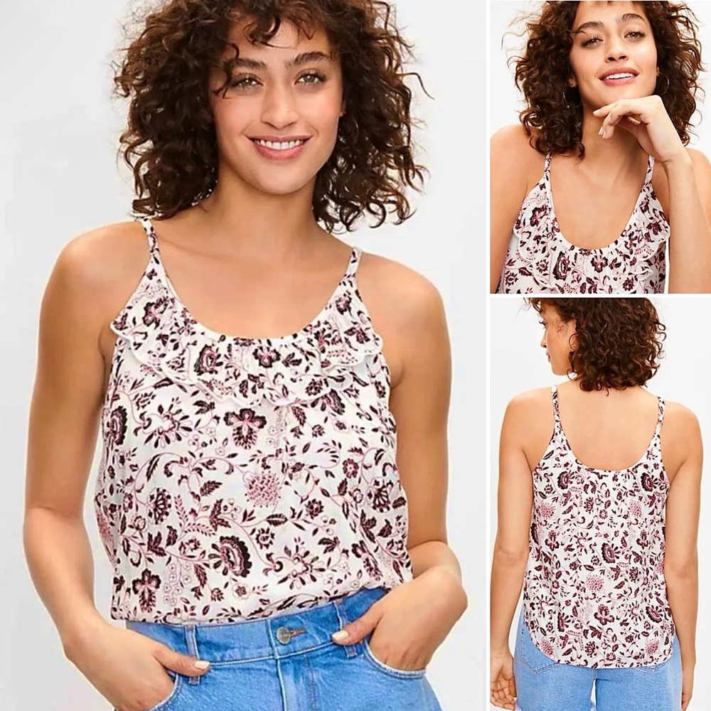 Ann Taylor LOFT Fluttery Ruffle Cami Top Spaghetti Straps Metallic Threads Lined